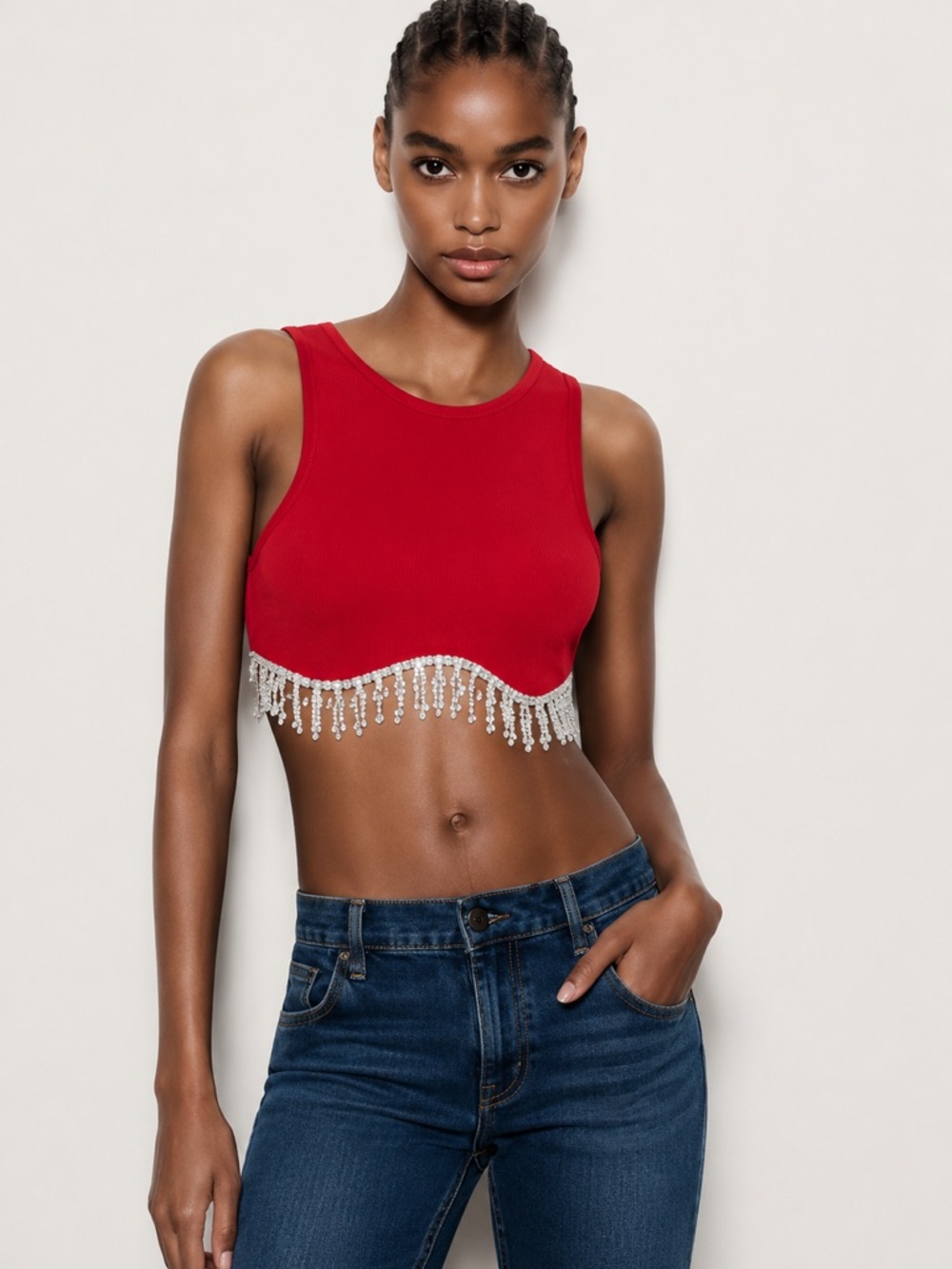 Sincerely Jules Red Cropped Tank Top with Beaded Fringe (306)